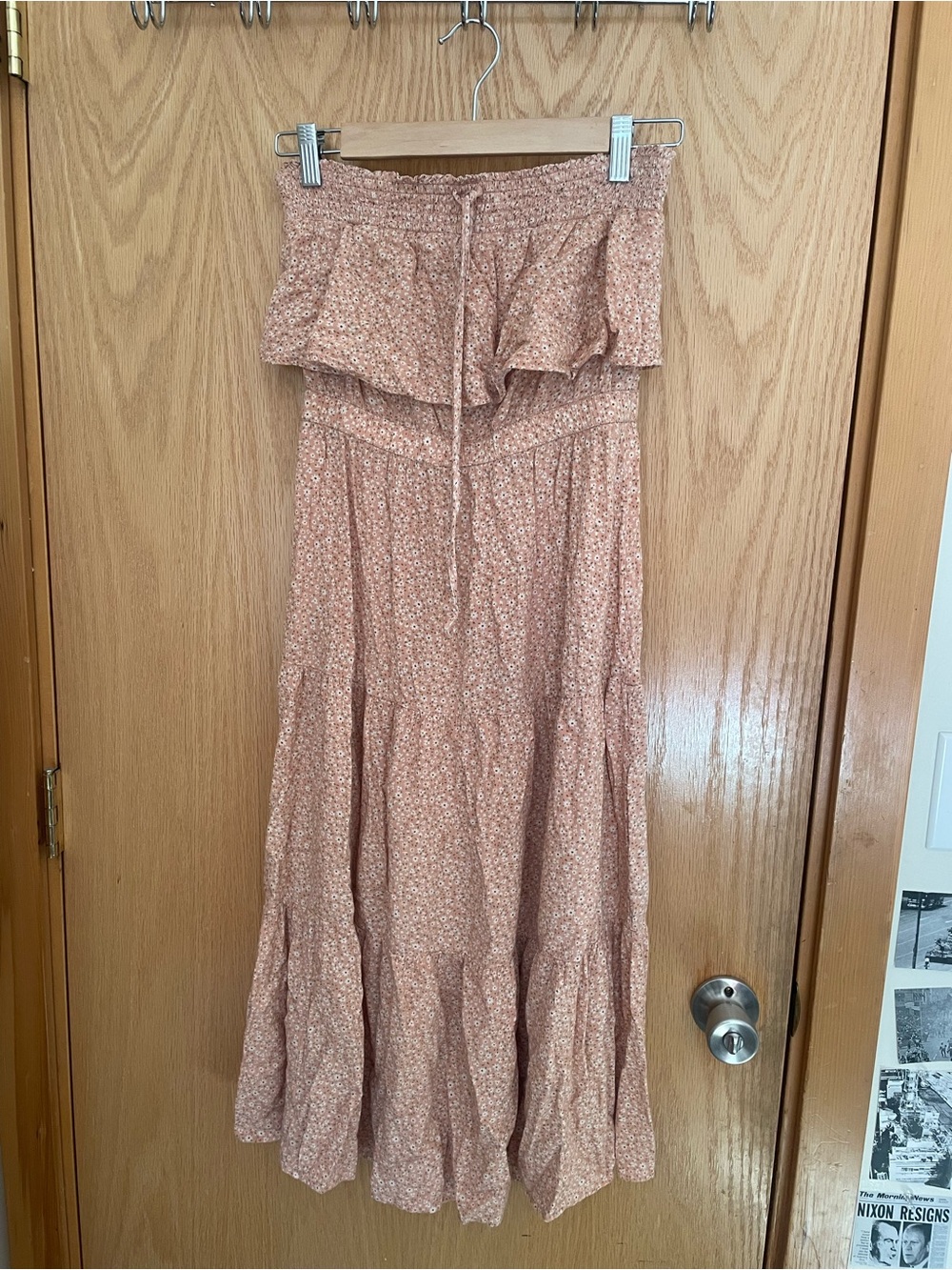 American Eagle Outfitters Peach Floral Strapless Tiered Maxi Dress